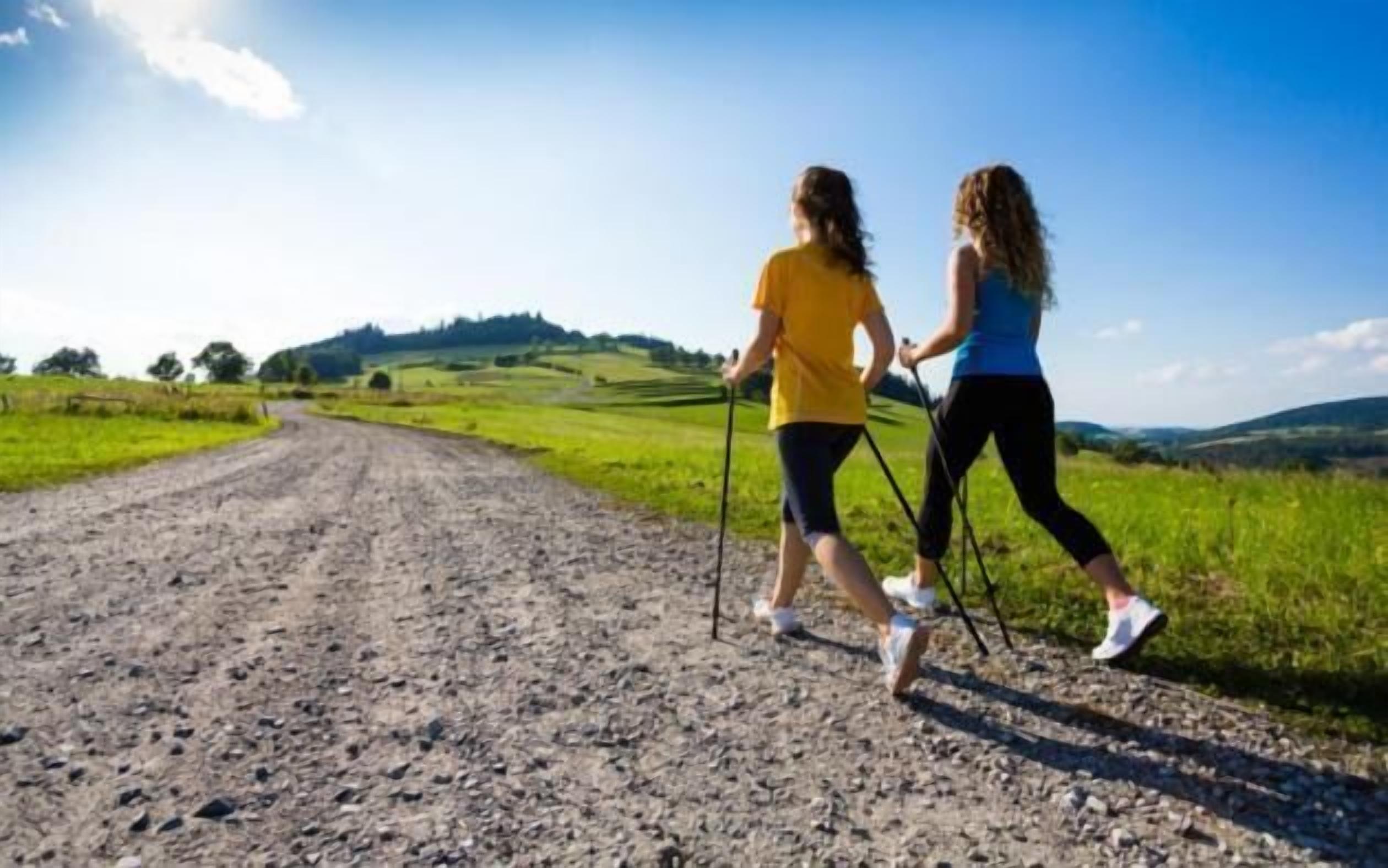 Duas pessoas caminham por uma estrada de terra, com uma paisagem rural ao fundo.