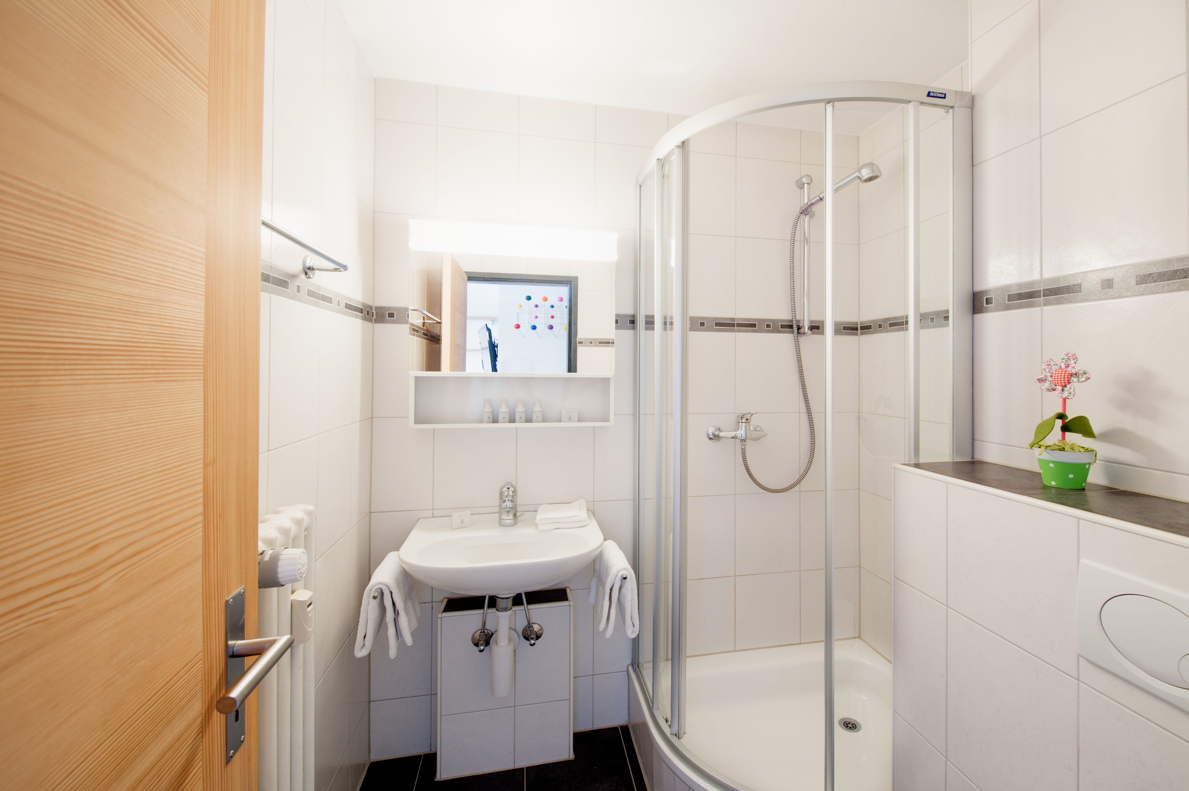 A modern bathroom with a glass-enclosed shower, a white sink with a mirror above it, and a small shelf with toiletries.