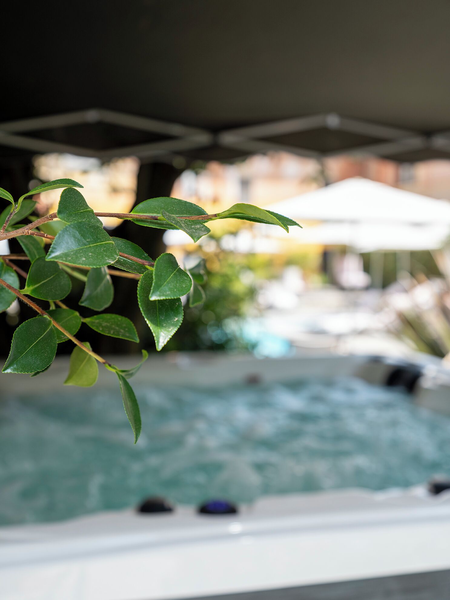 Un jacuzzi con un fondo borroso de una piscina y sombrillas.