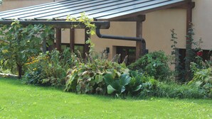 A garden with various plants and a pergola structure. - Pension Vanii (Rust)