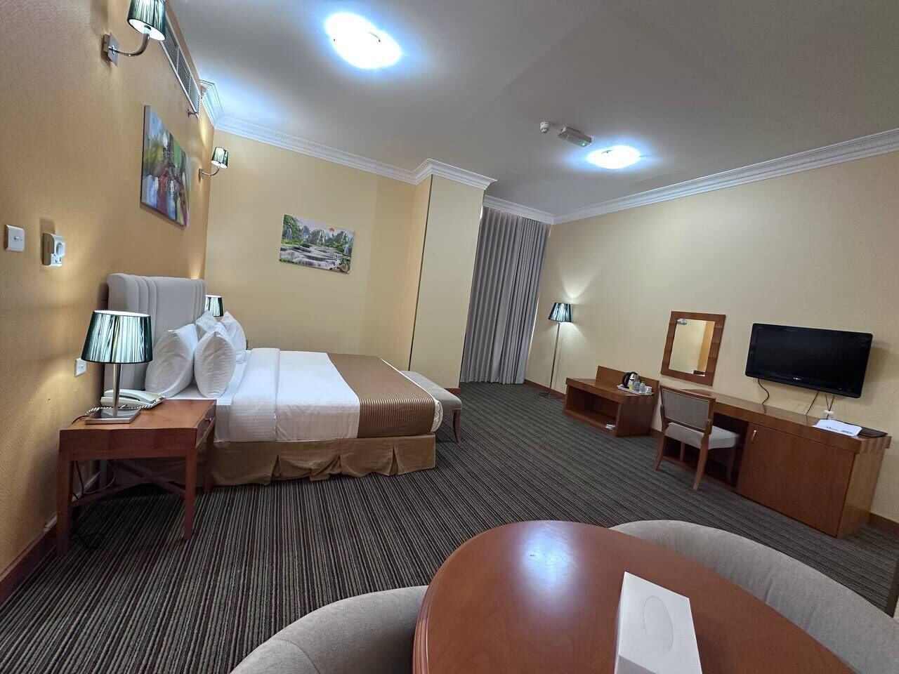 A hotel room with a bed, a desk, a chair, a television, and a carpeted floor.