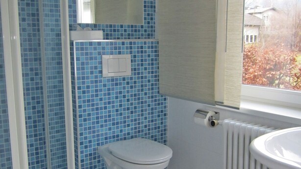 Ein Badezimmer mit blauen Mosaikfliesen, einer weißen Toilette, einem weißen Heizkörper und einem Fenster mit Blick auf Häuser.