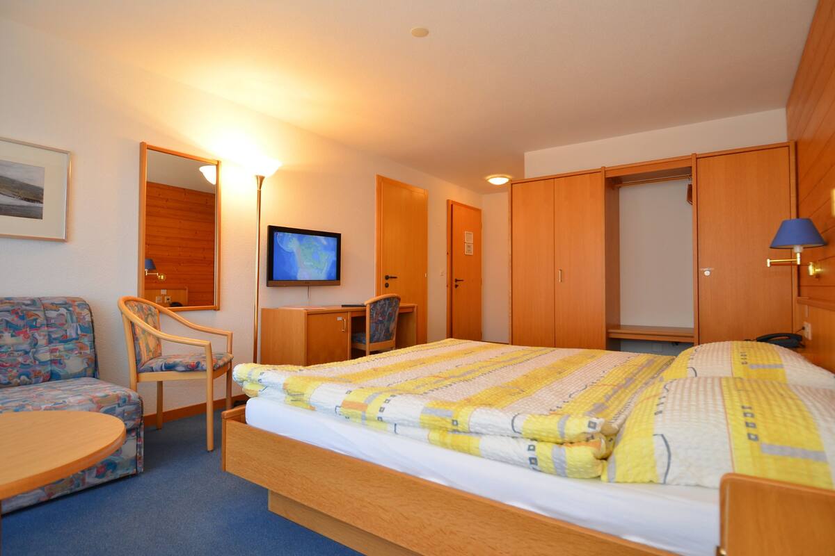 A hotel room with a bed, a desk, a chair, a sofa, a television, and a wardrobe.