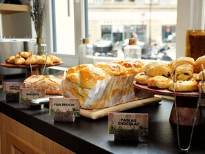 Baked goods on display, including bread, pastries, and sweet treats.