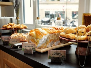 Baked goods on display, including bread, pastries, and sweet treats.