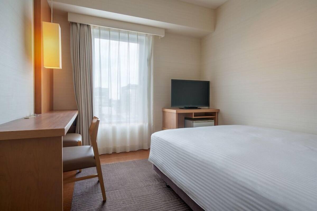A hotel room with a bed, a desk, a chair, a television, and a window with curtains.