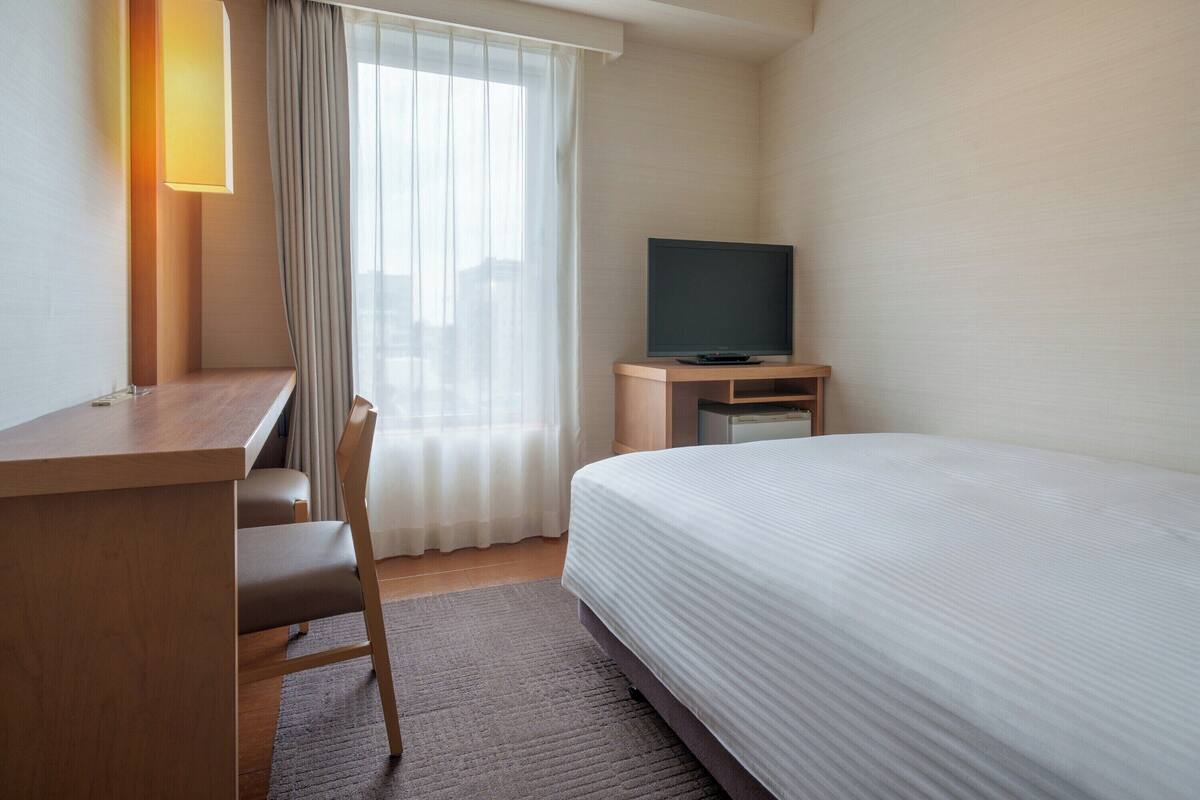 A hotel room with a bed, a desk, a chair, a television, and a window with curtains.