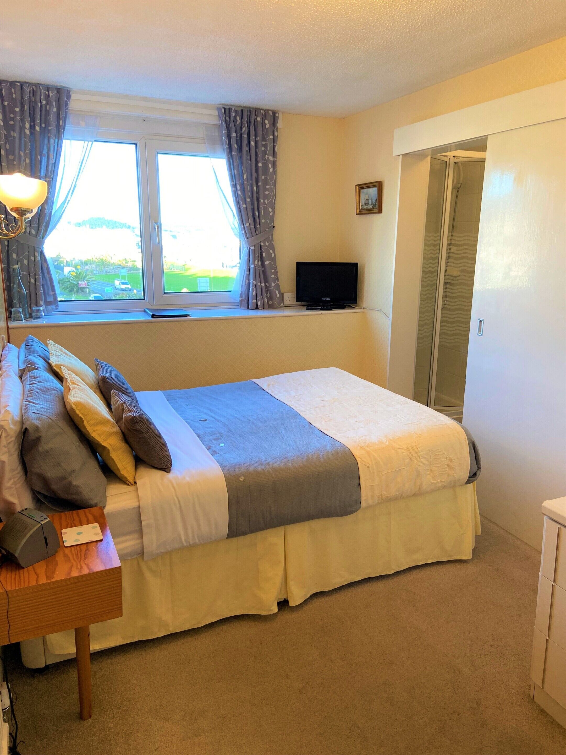 A bedroom with a bed, a TV, a window with curtains, a bedside table with a lamp, and a door.