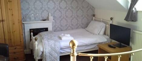 Un dormitorio con cama, televisión, escritorio y armario.