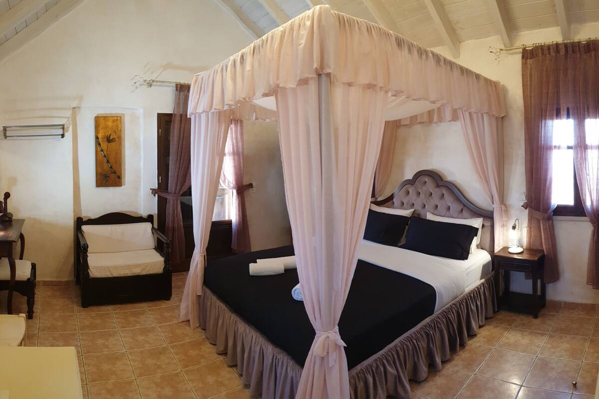 Un dormitorio con una cama con dosel, una mesita de noche con lámpara y una silla.