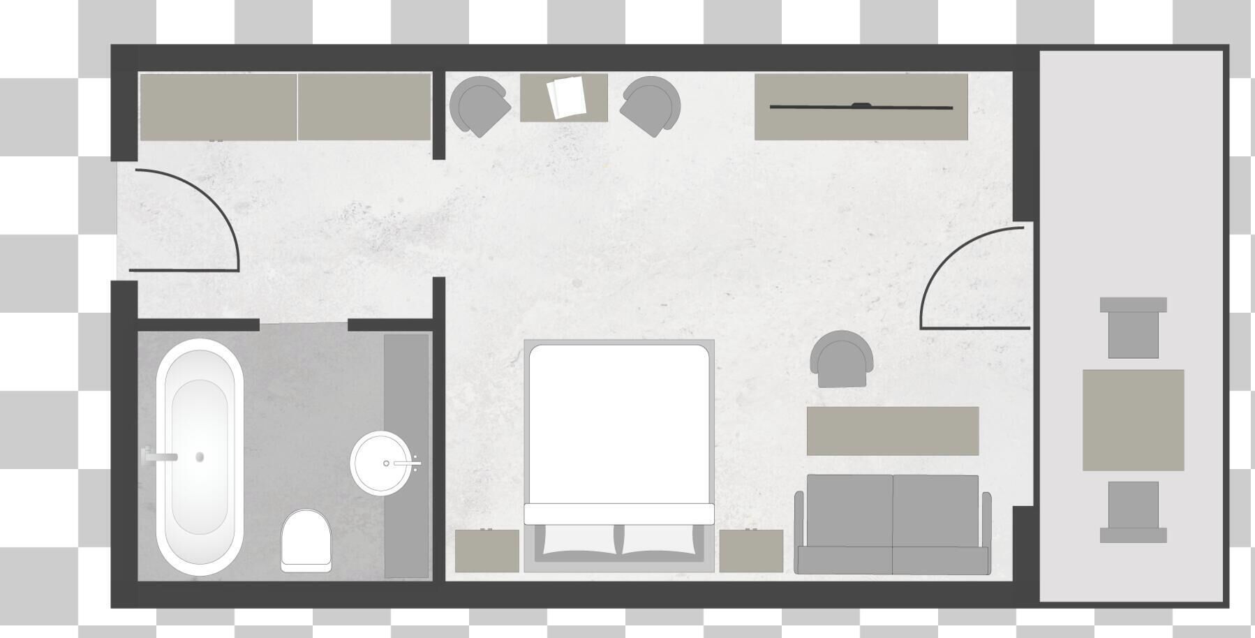 Indeling van een hotelkamer met een bed, een bureau, een stoel, een bank, een kleine tafel, een televisie, een badkamer met een bad, een toilet en een wastafel.