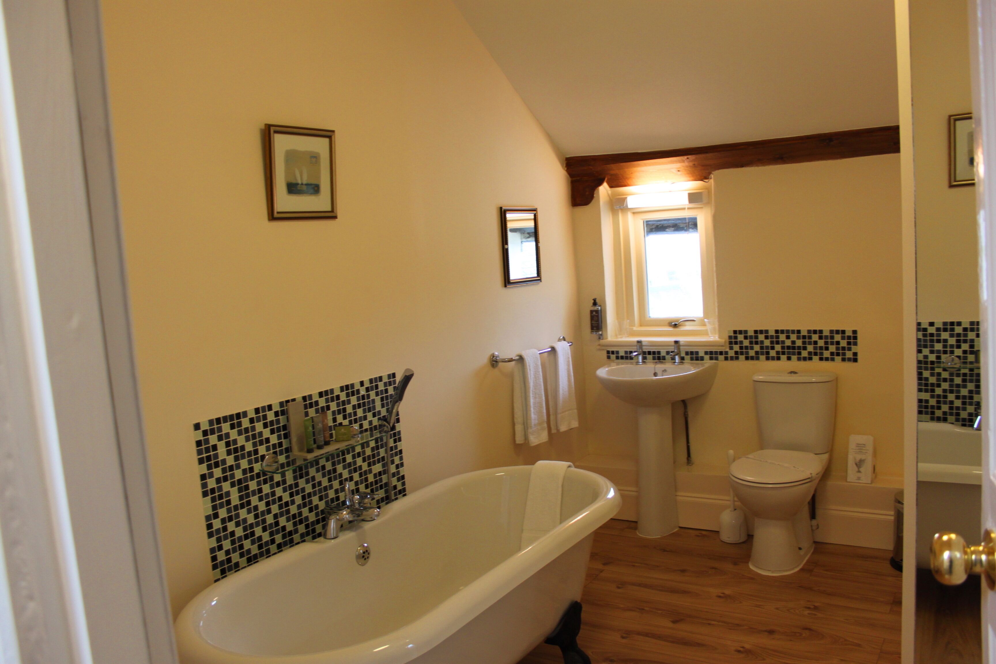 Une salle de bain avec une baignoire sur pieds, un lavabo et des toilettes.