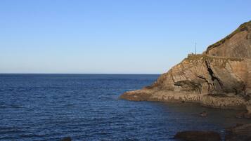 A coastal landscape with a rocky cliff and calm sea.