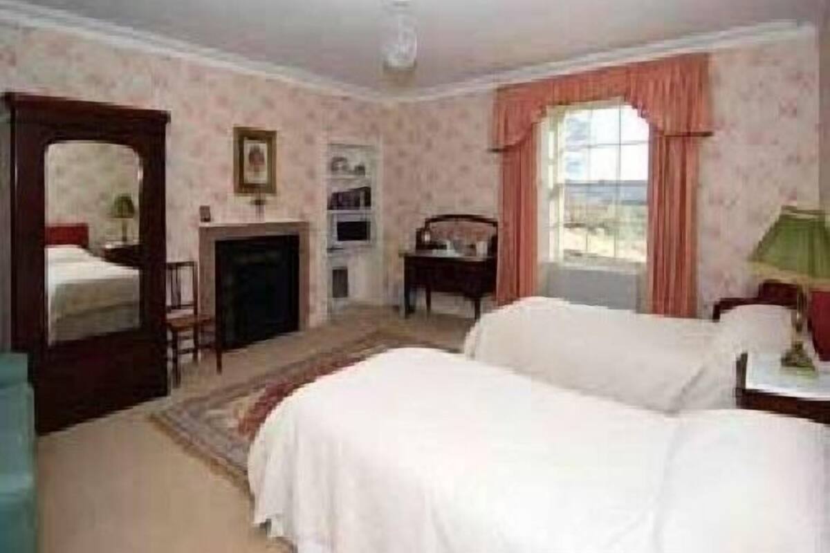 A bedroom with two beds, a mirror, a fireplace, a desk, and a window with curtains.