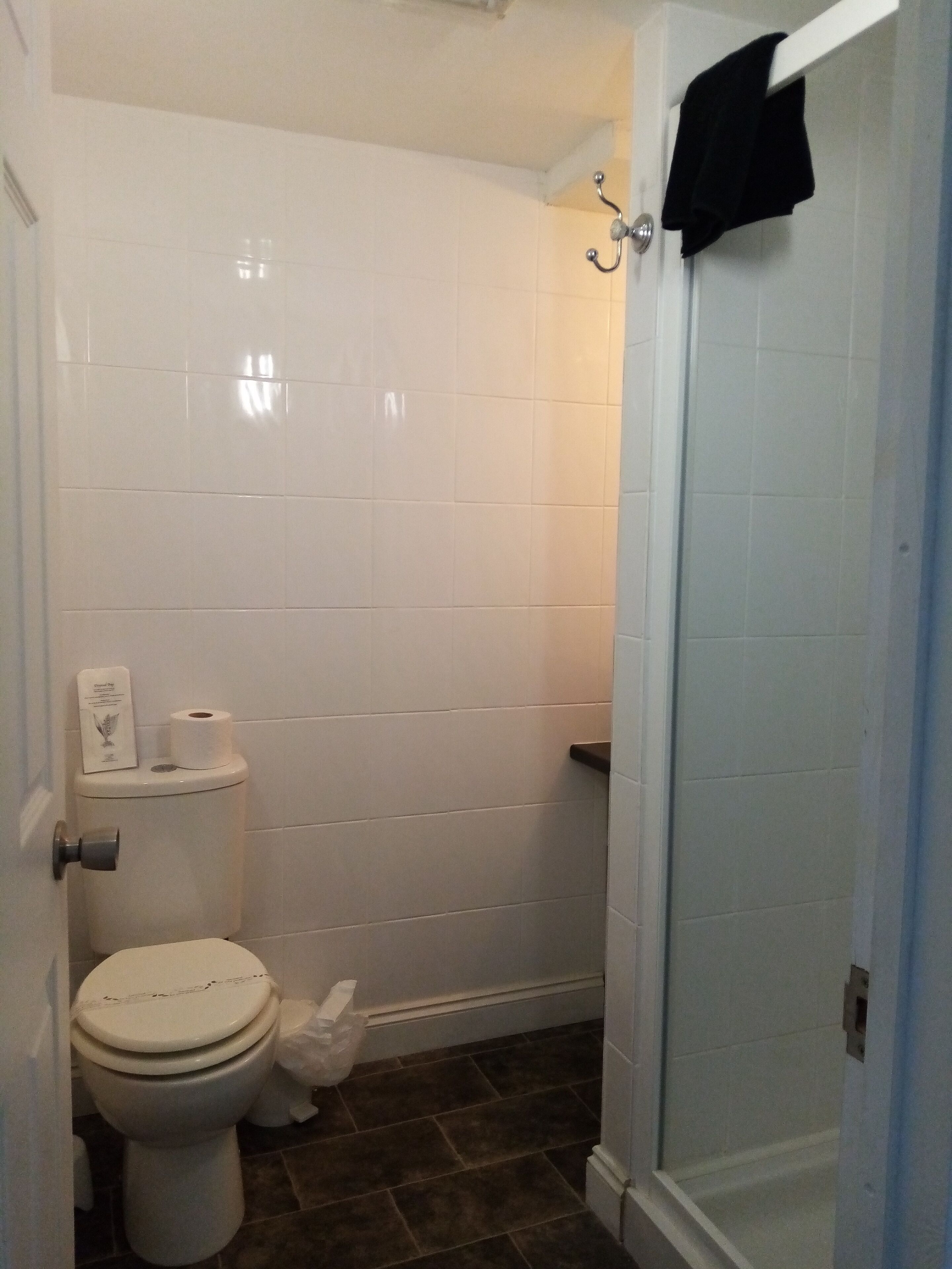 A bathroom with a toilet, a shower, and a towel rack.