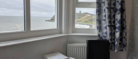 A room with a bay window overlooking the sea, a radiator, and two white appliances.