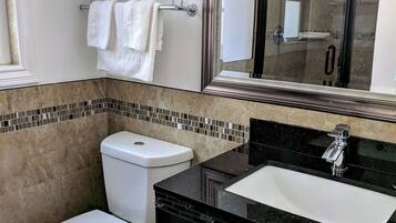 A modern bathroom with a toilet, sink, and a large mirror.