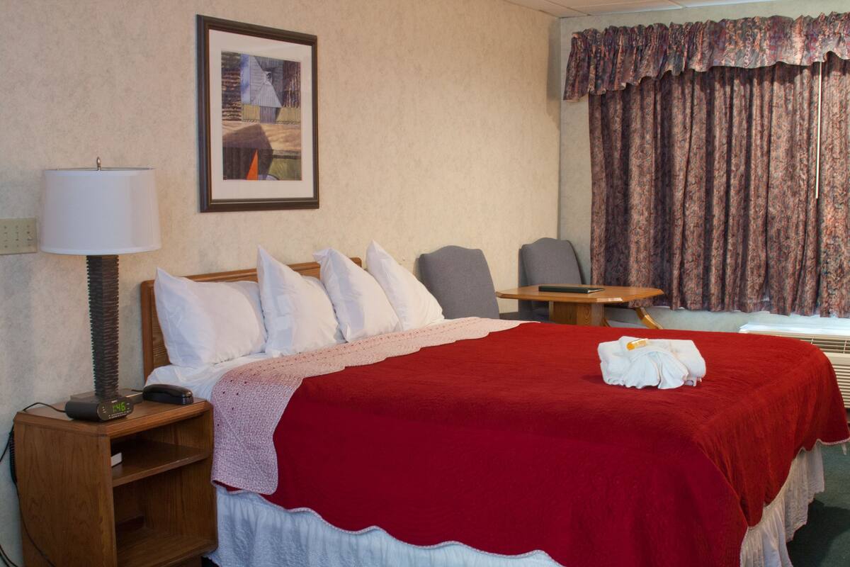 Une chambre d’hôtel avec un lit, une table de chevet avec une lampe, une chaise, une petite table et un tableau encadré au mur.
