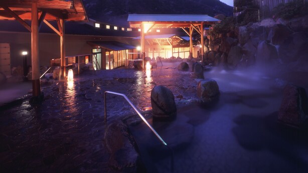 A traditional Japanese onsen with a wooden structure, a stone bath area, and a view of a mountain. - Hotel Okada (Hakone)