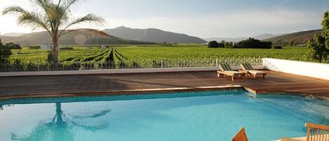 Outdoor pool, pool umbrellas, pool loungers