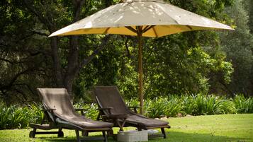 Two lounge chairs under a large umbrella in a grassy area with trees in the background.