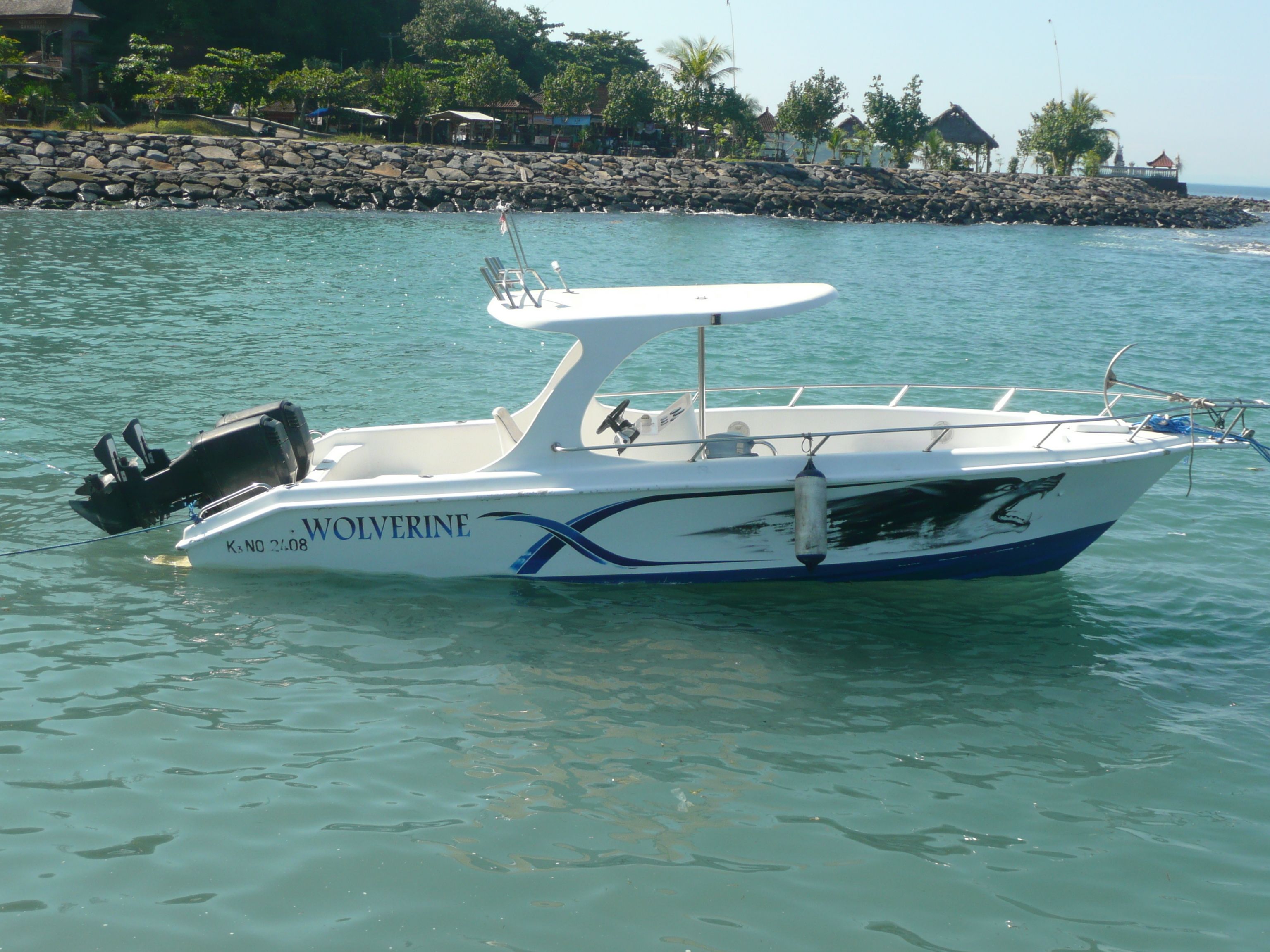 Un velero blanco y azul llamado 'Wolverine', con motor y zona de asiento, amarrado en una orilla tranquila.