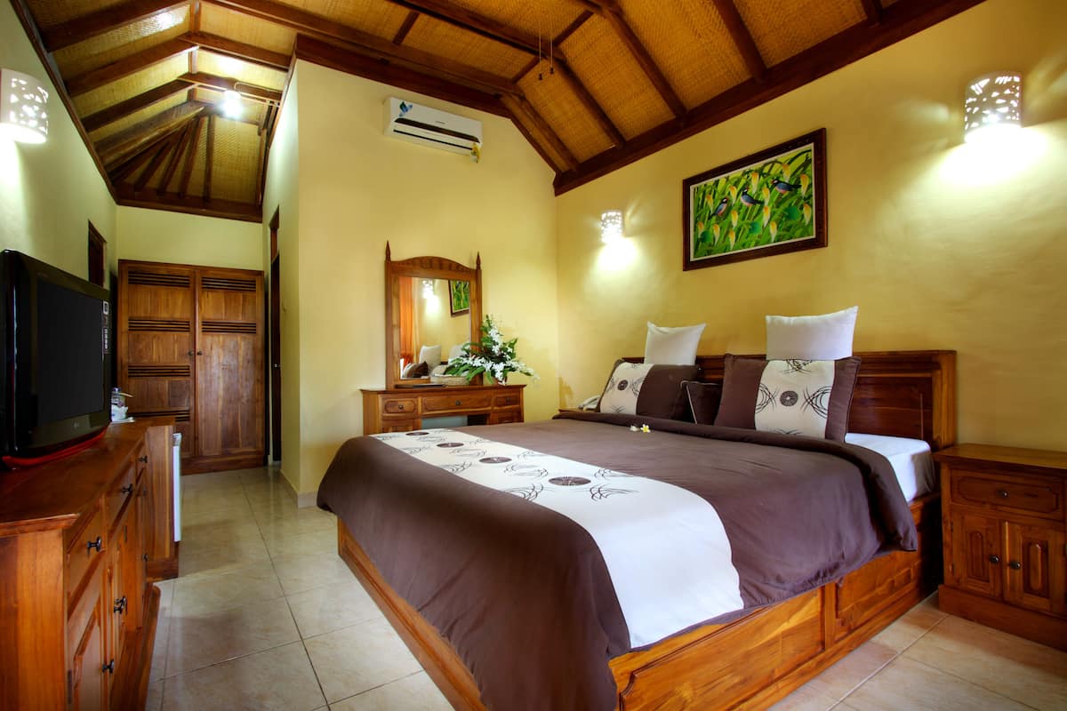 A bedroom with a wooden bed, a television, a dresser, and a mirror.