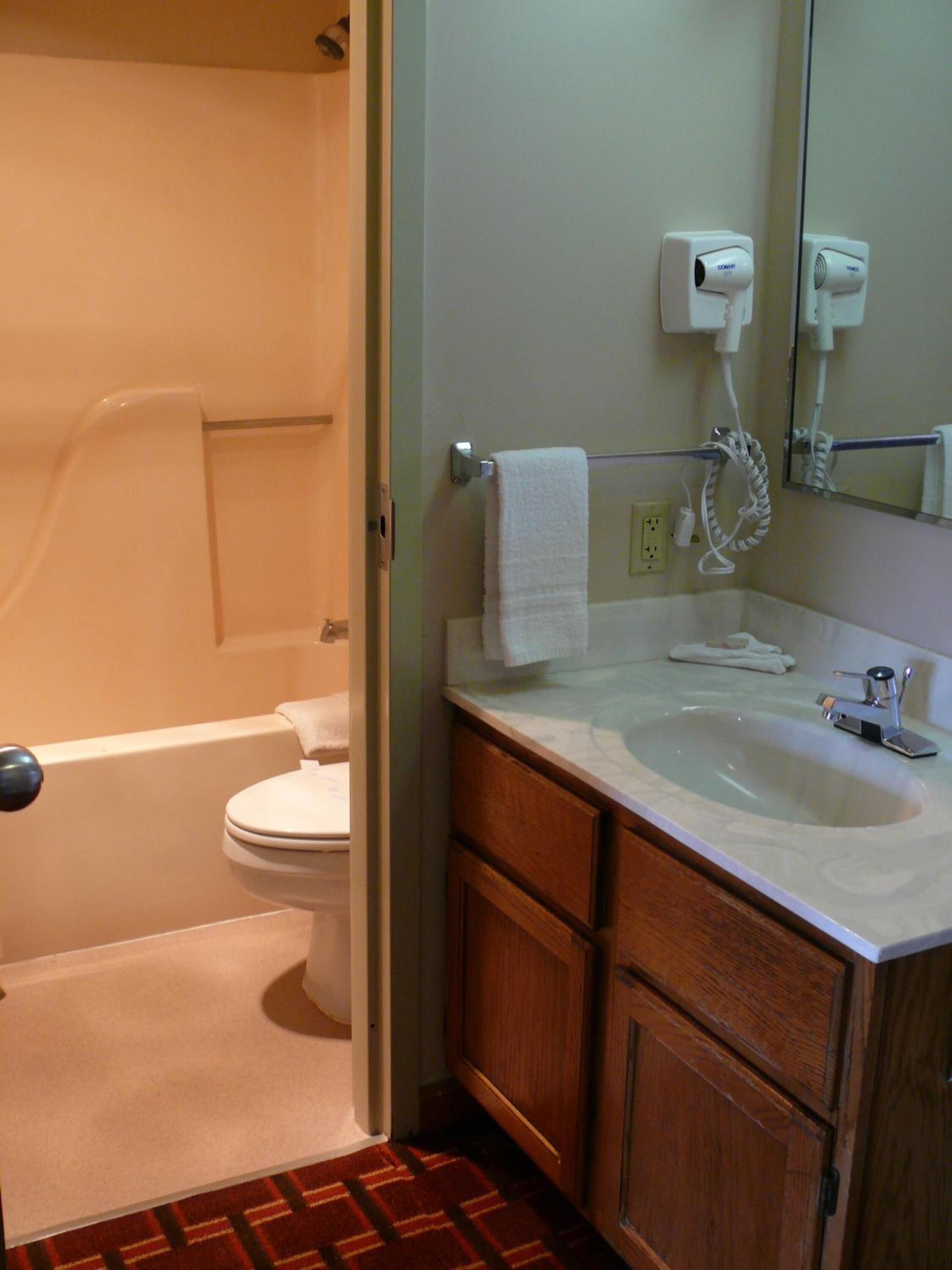 Un baño con inodoro, lavabo y espejo.