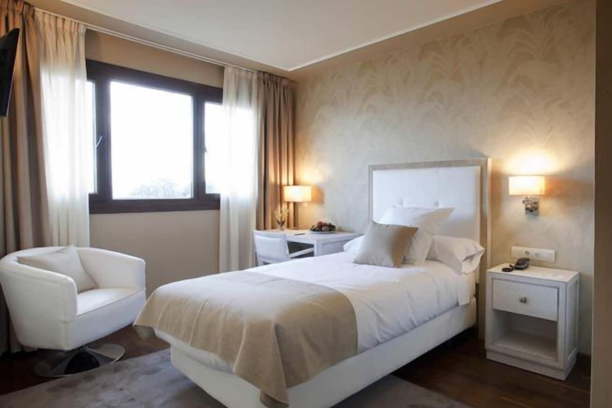Una habitación de hotel con una cama grande, una silla, un escritorio y una mesita de noche.