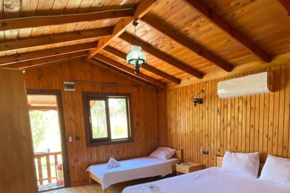 A wooden cabin with two beds, a ceiling fan, and a window.