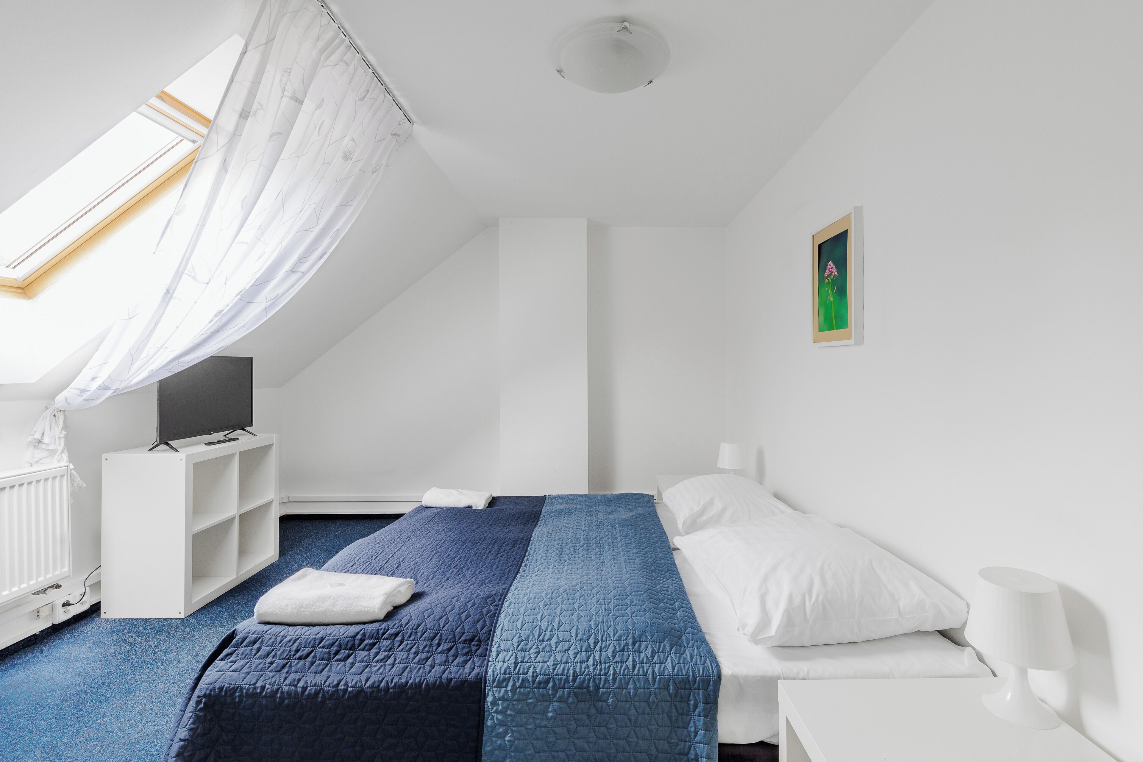 A bedroom with a bed, a TV on a white stand, a white nightstand, a white lamp, and a window with a curtain.