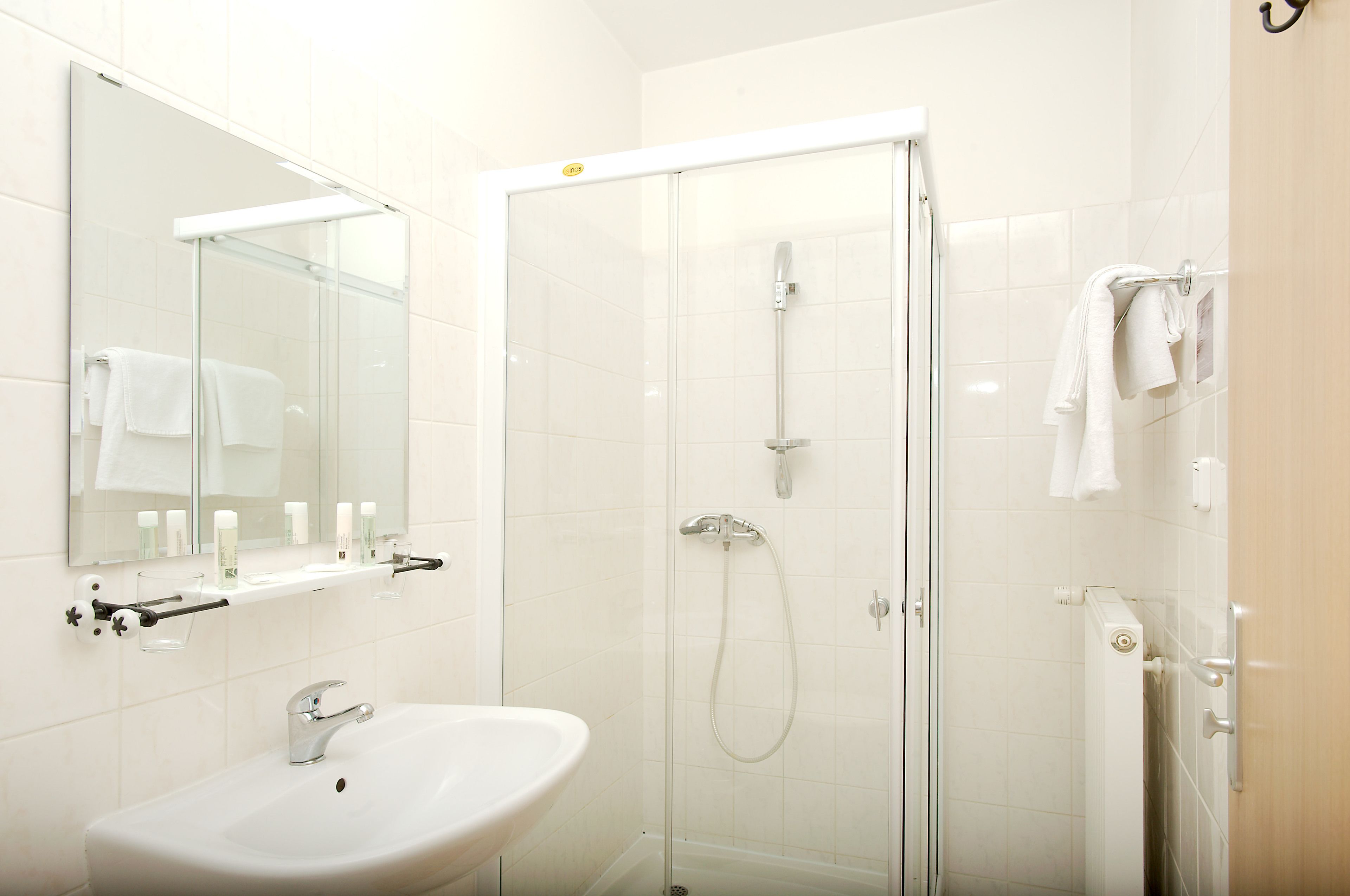 A modern bathroom with a glass-enclosed shower, a white sink, and a mirror above the sink.