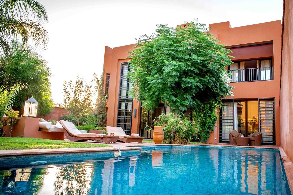 A modern building with a swimming pool, lounge chairs, and a large tree.