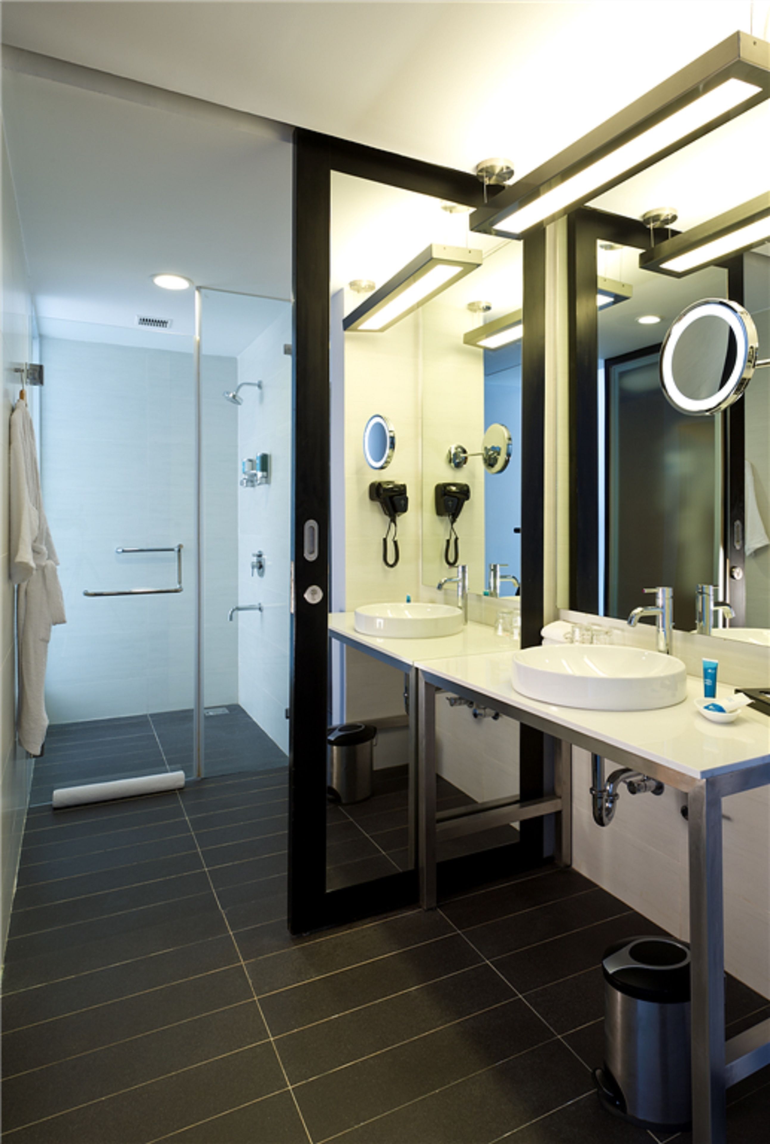 Shower, rainfall showerhead, designer toiletries, hair dryer