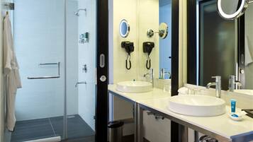 Shower, rainfall showerhead, designer toiletries, hair dryer