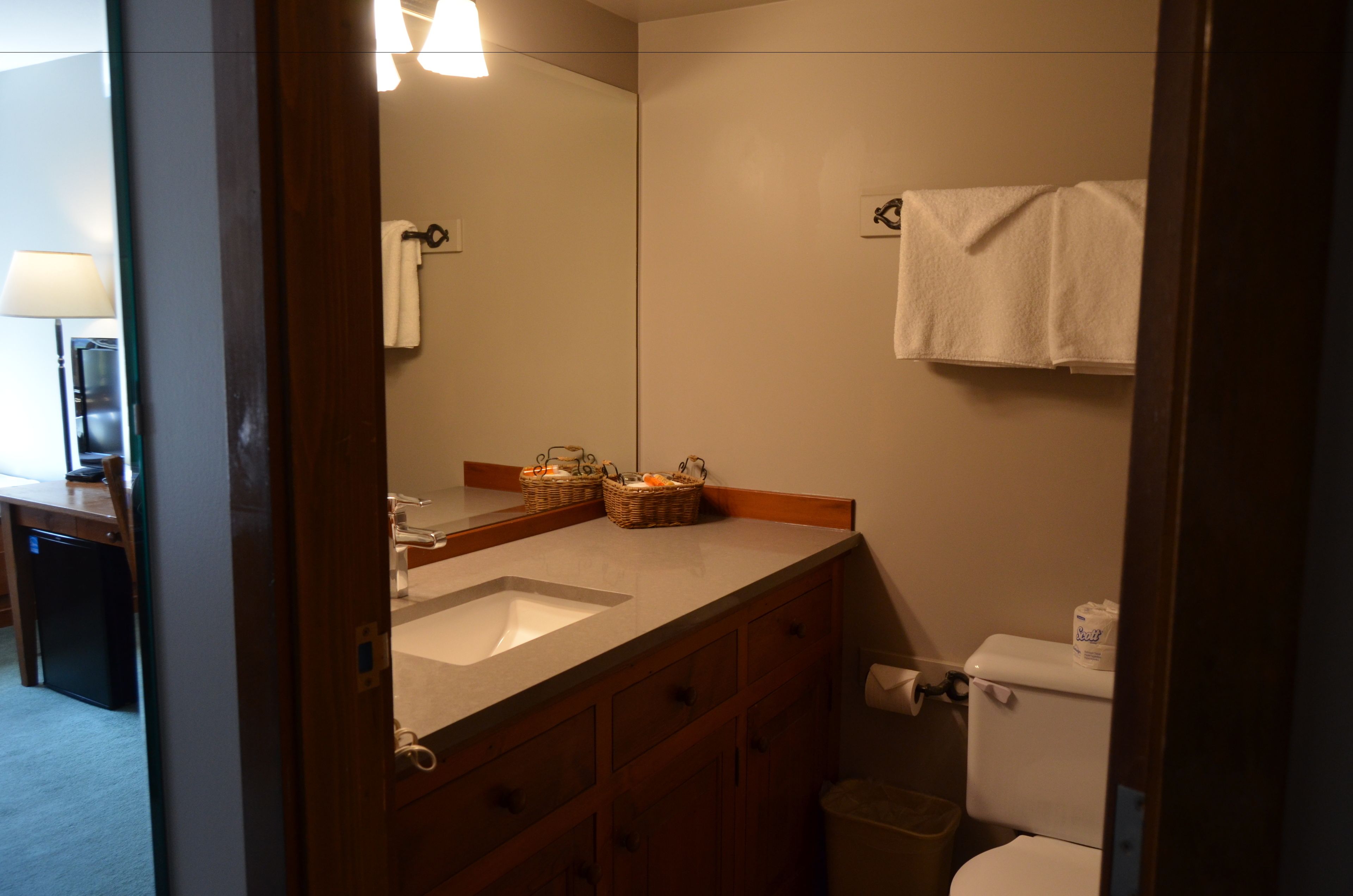 combined shower/bathtub, free toiletries, hair dryer, towels