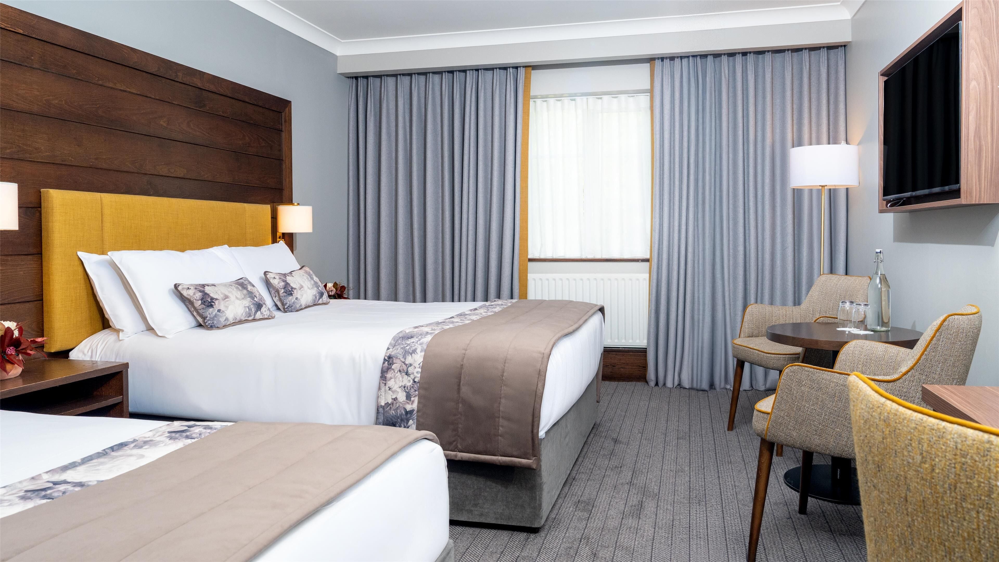 1 bedroom, desk, blackout curtains, iron/ironing board