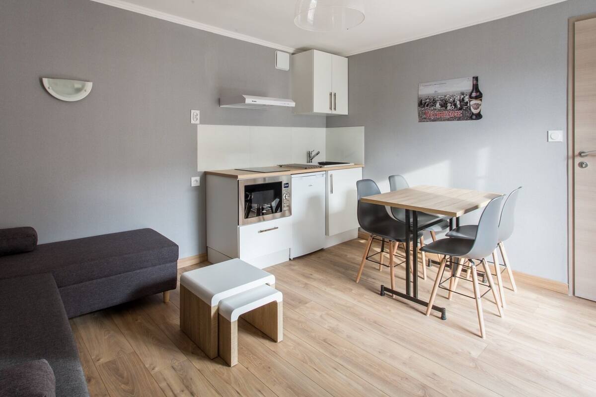 Een moderne, compacte woonruimte met een kitchenette, een eethoek en een bank.