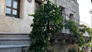 Un edificio de piedra con balcón, escalones y plantas en macetas.