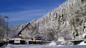 A snow-covered lodge with a triangular roof, surrounded by dense forest. - Grüner Hof (Zell am Harmersbach)