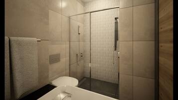A modern bathroom with a glass-enclosed shower, a white bathtub, and a toilet.