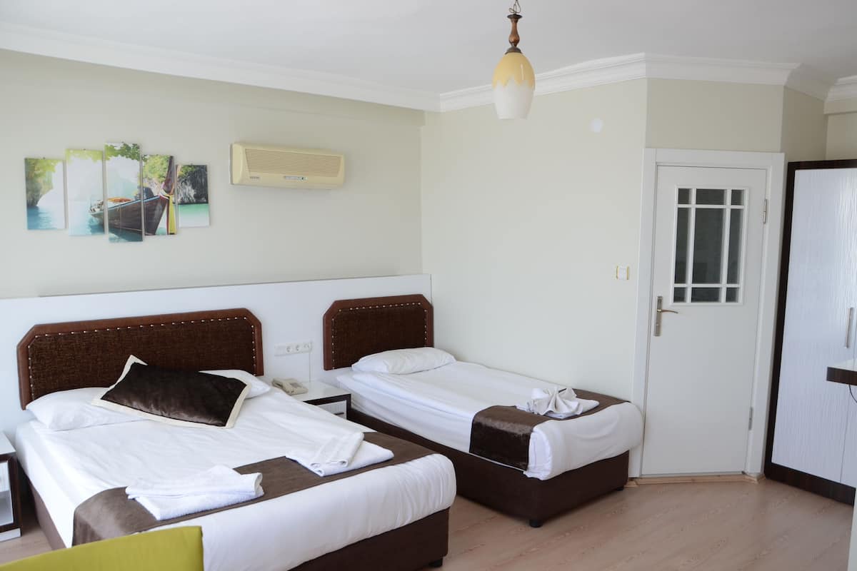 A hotel room with two beds, a wardrobe, a door, and a wall-mounted air conditioner.