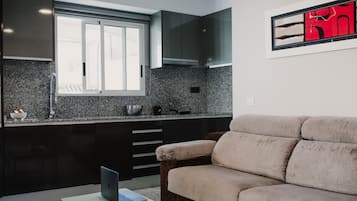 Superior penthouse, 1 slaapkamer, terras | Privékeuken | Een koelkast/vriezer, een magnetron, een kookplaat