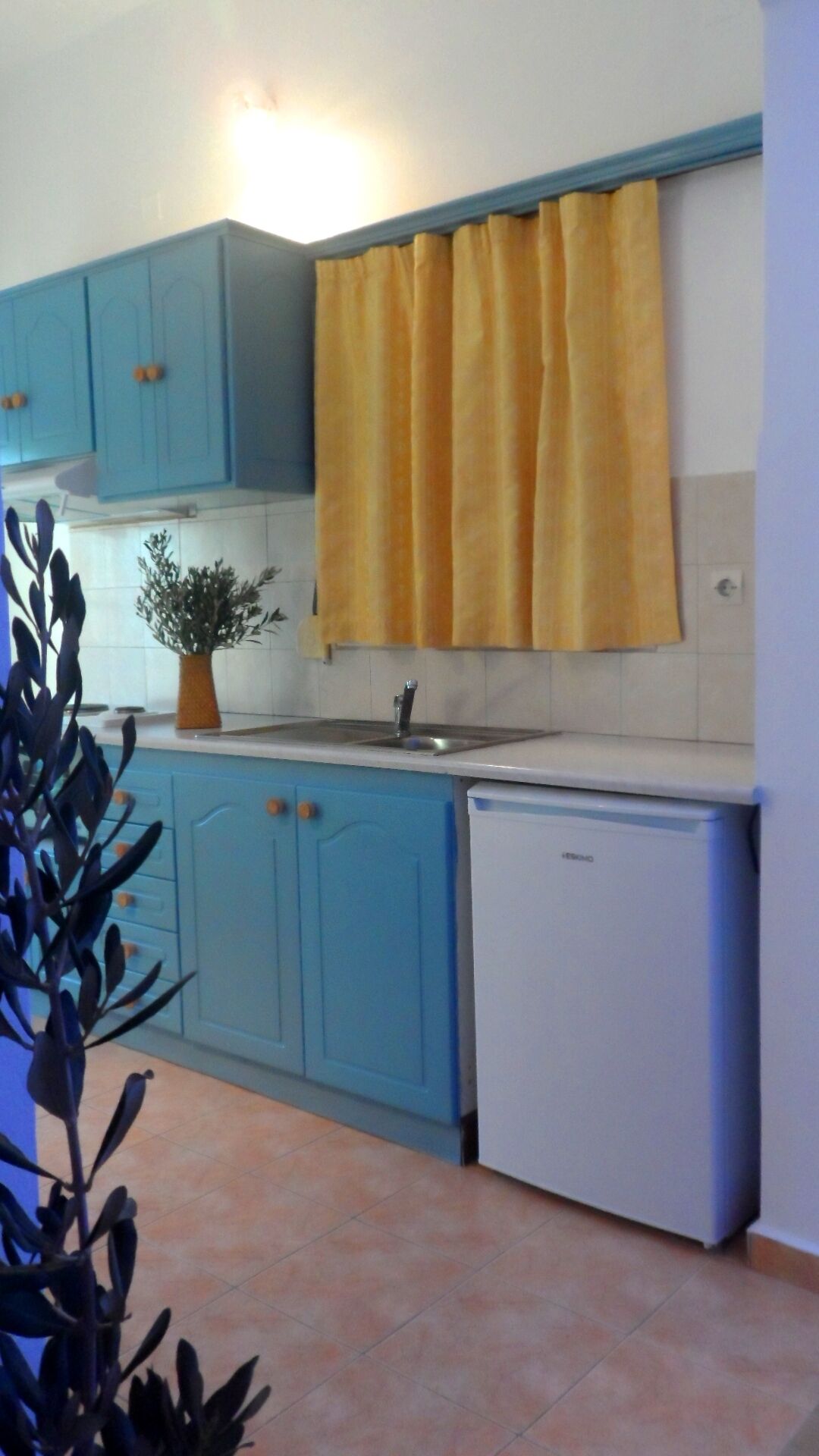 Una cocina con armarios azules, un lavamanos, un pequeño electrodoméstico blanco y una planta en maceta.