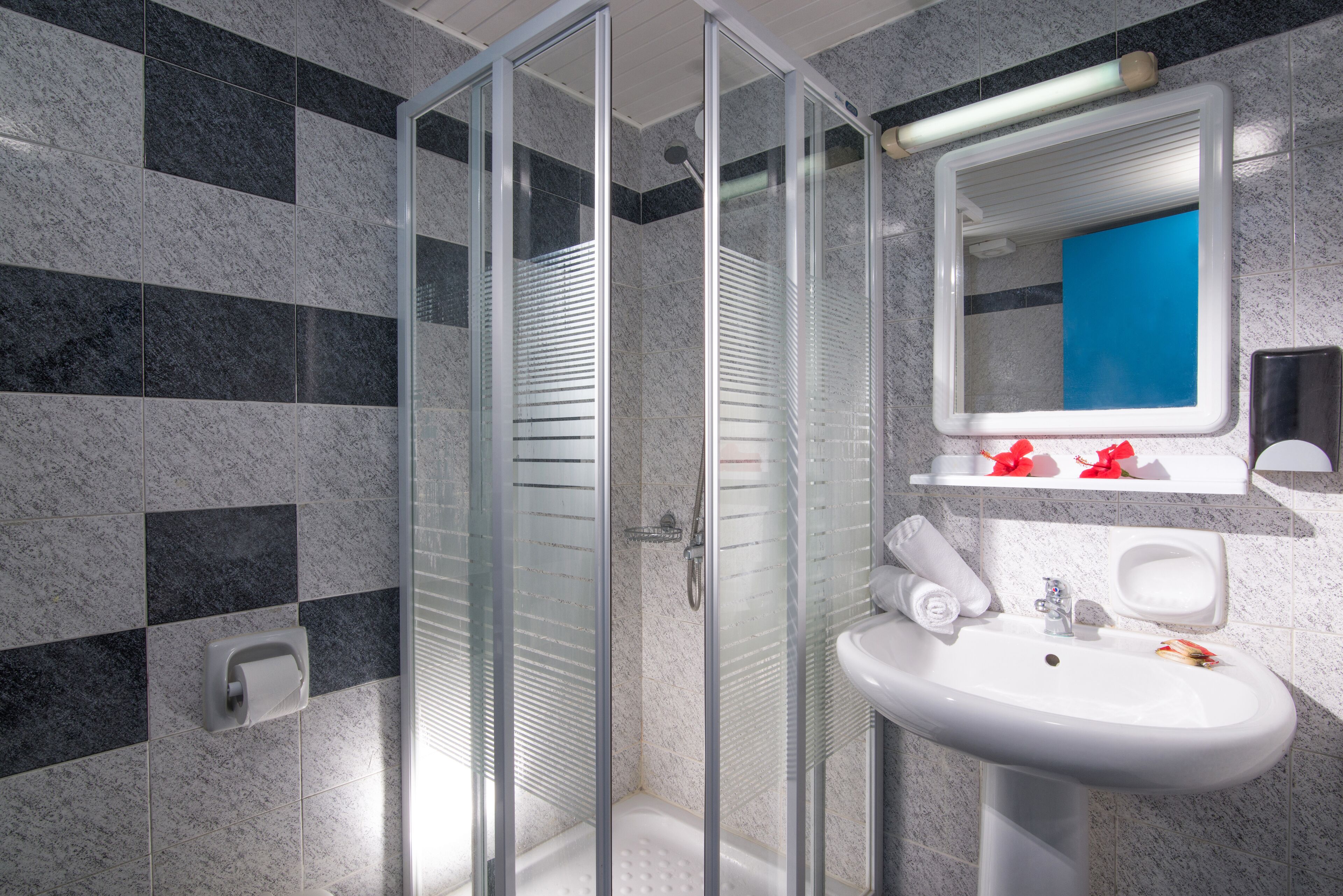 Une salle de bain moderne avec une douche à parois de verre, un lavabo blanc et un miroir.