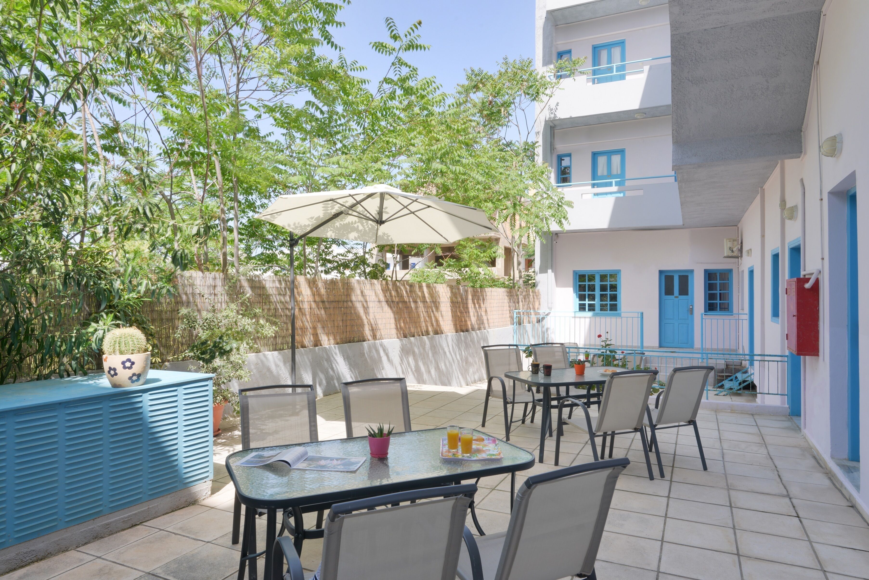 An outdoor patio area with a table and chairs, a large umbrella, and a blue wall with a cactus planter.