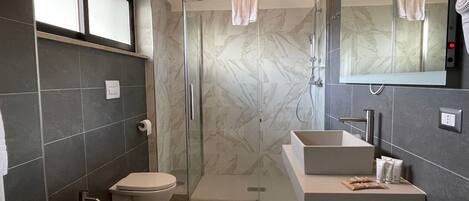 A modern bathroom with a glass-enclosed shower, a vanity with a large mirror, and two toilets.