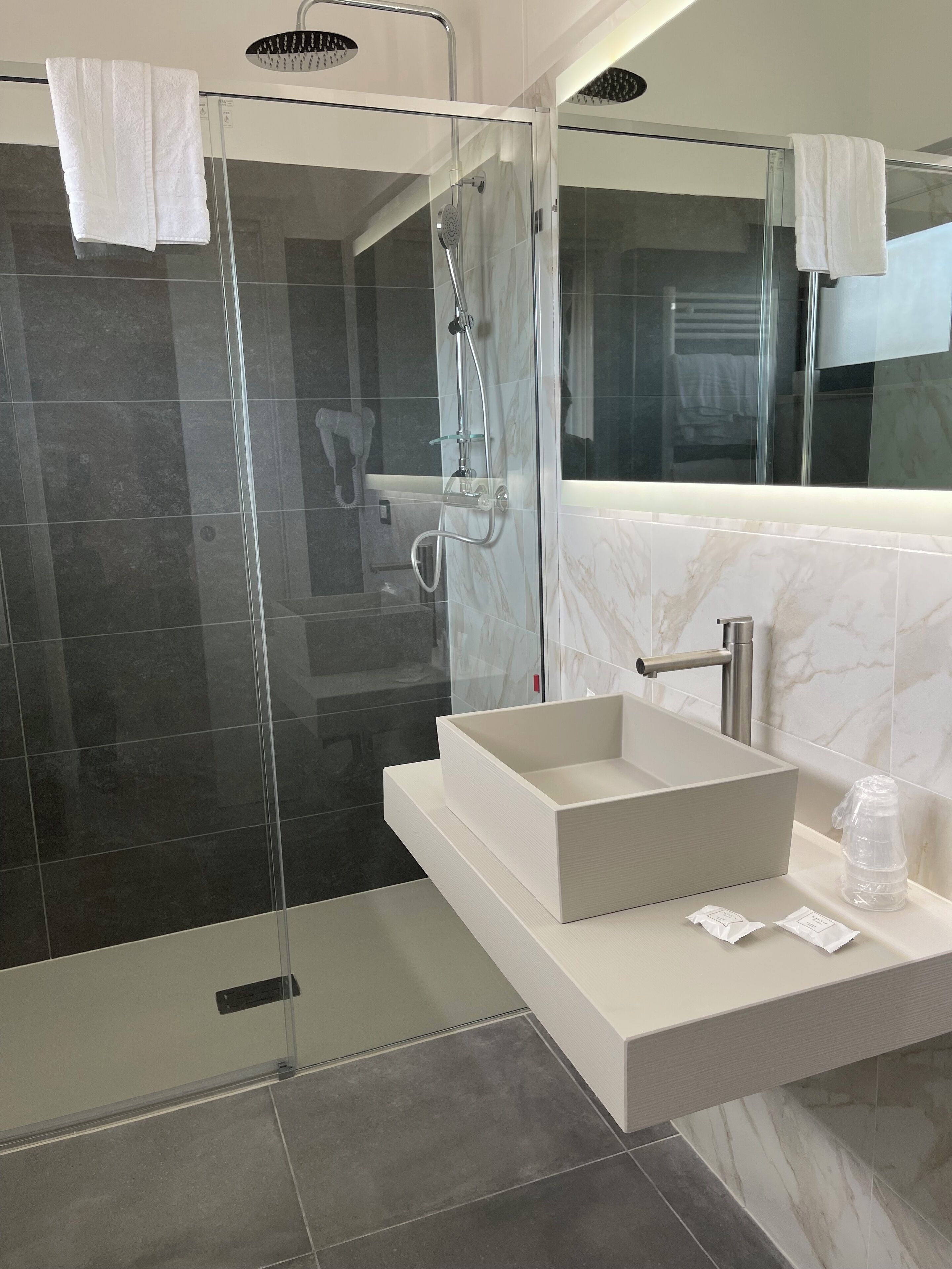 free toiletries, hair dryer, bidet, towels