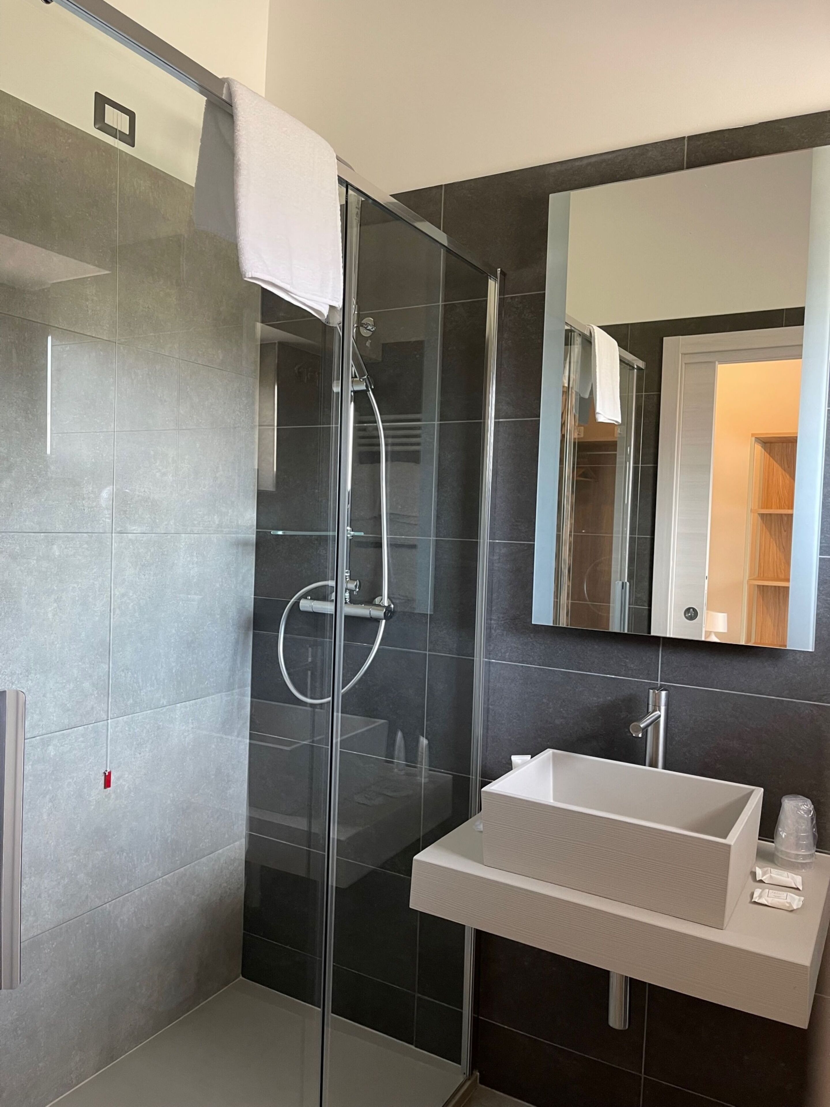 Een moderne badkamer met een douchecabine van glas, een witte wastafel en een grote spiegel.
