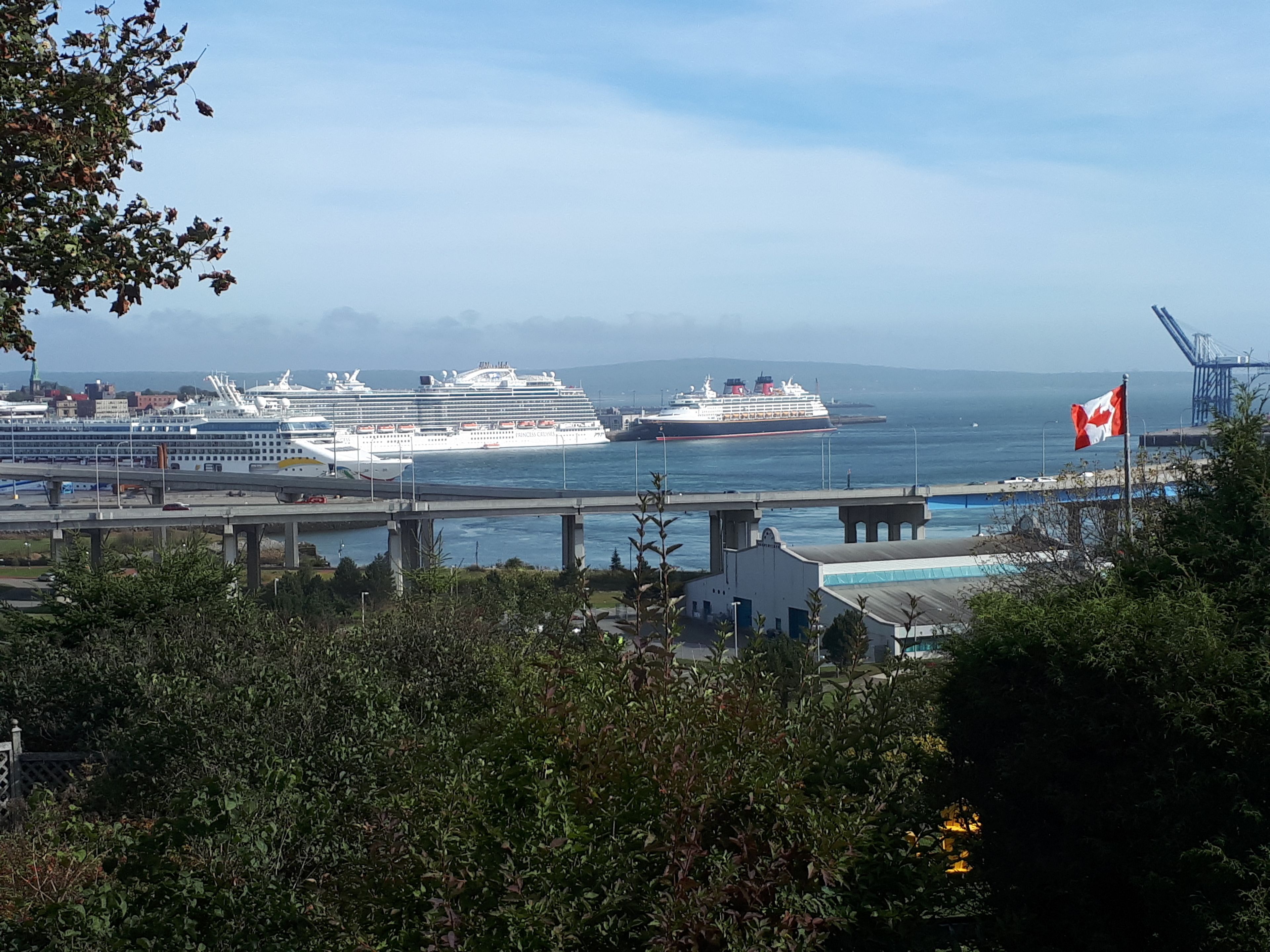 Un crucero atracado en un puerto, con una bandera canadiense a la vista.